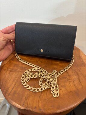 J. Crew Leather Crossbody Clutch Wallet - Black with Gold Chain